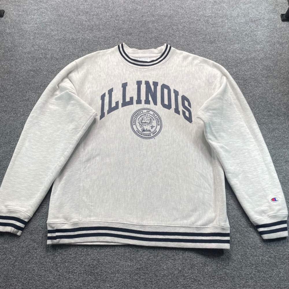 Champion Sweatshirt Mens Large Gray Illinois Reverse Weave Crewneck Striped Trim